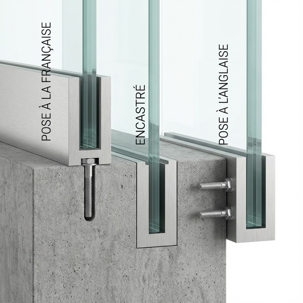 Schéma technique garde-corps verre feuilleté trempé